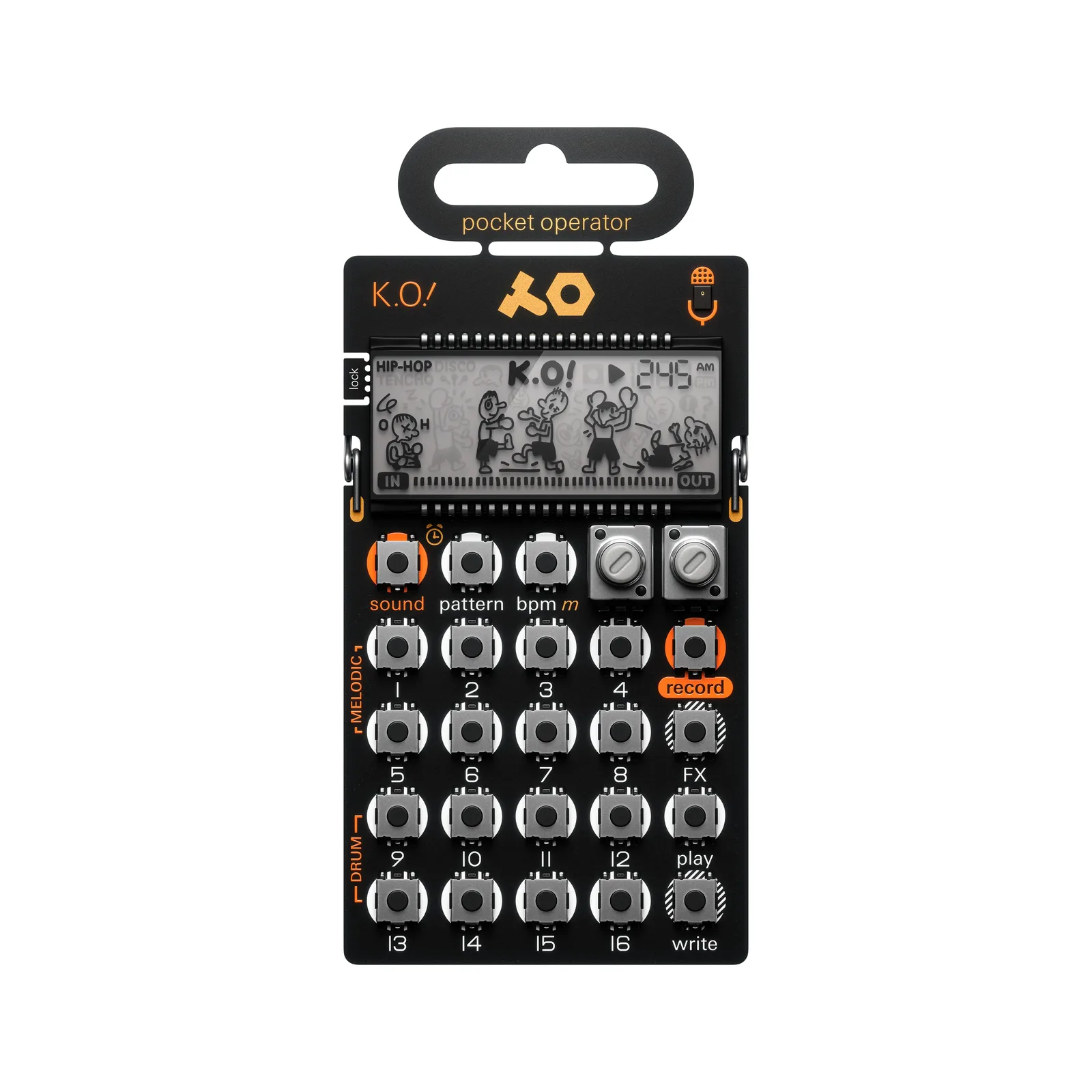 Pocket Operator PO-33 K.O! de Teenage Engineering, circuit noir et touches argentées, vu de face