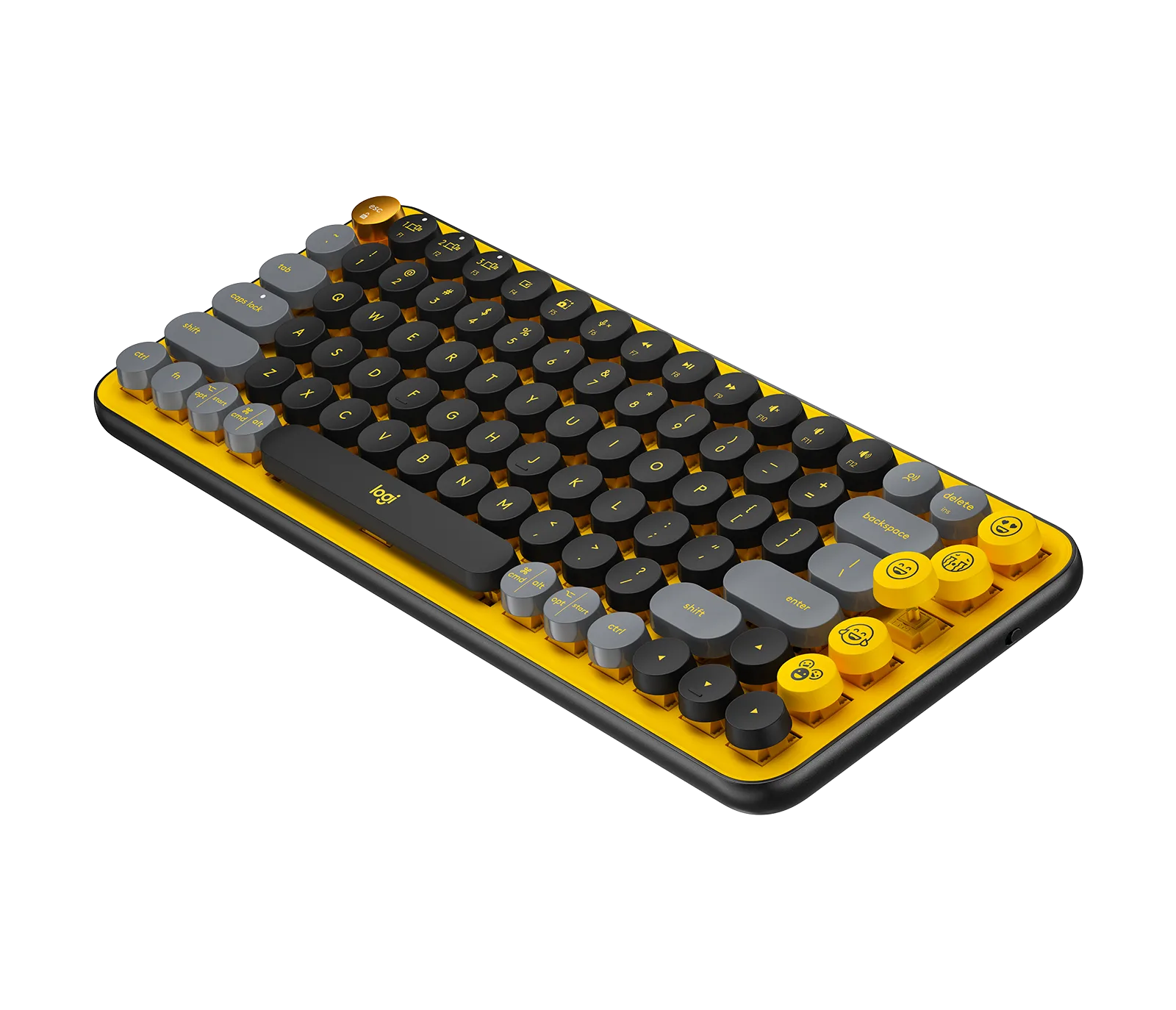 Clavier Logitech POP Keys Blast jaune, gris et noir aux touches rondes — vue 2