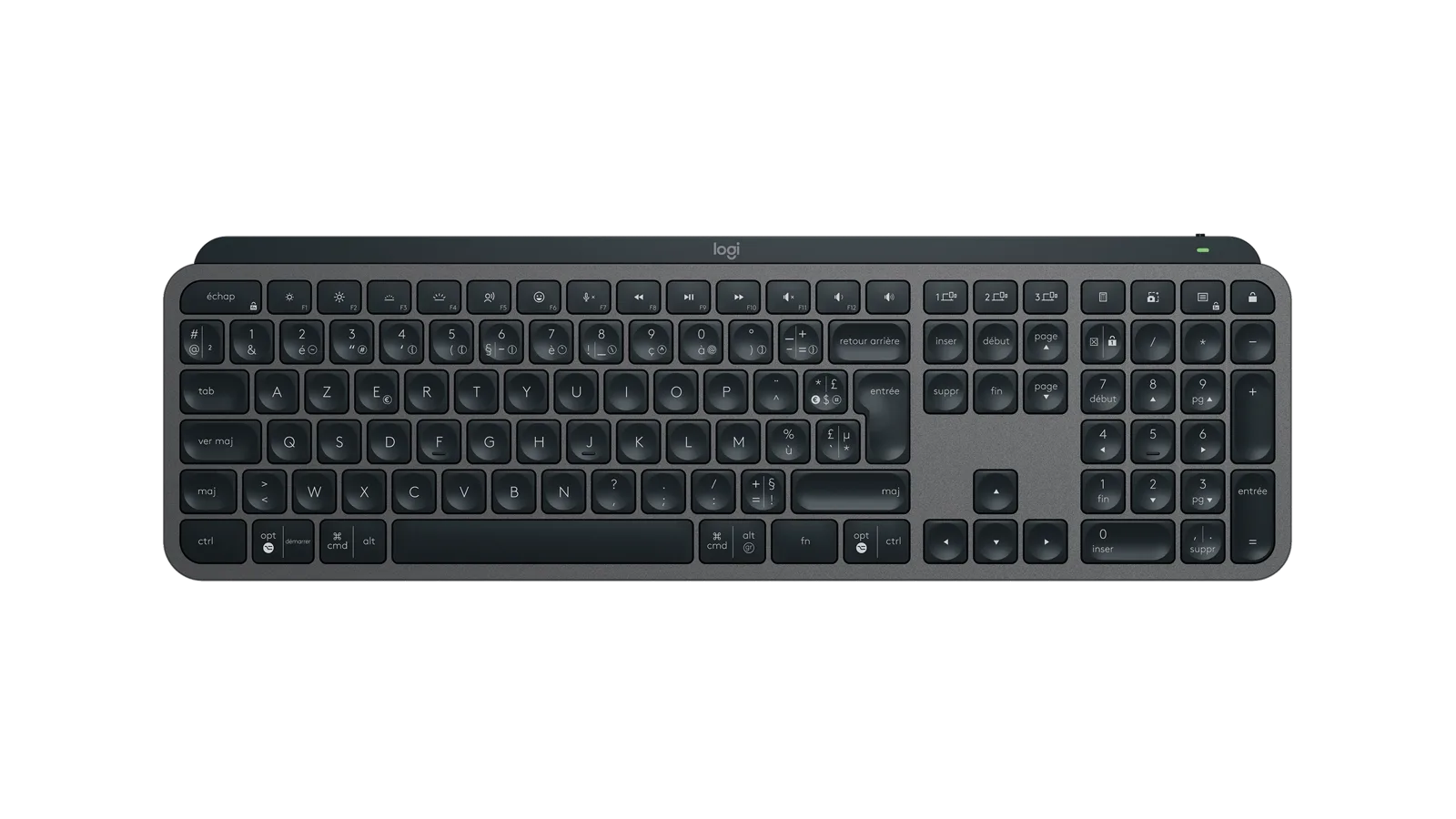 Clavier Logitech MX Keys S graphite vu de dessus, disposition AZERTY