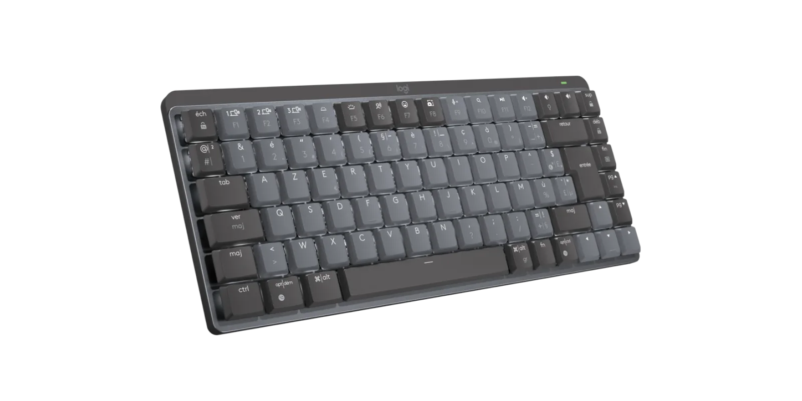 Clavier Logitech MX Mechanical Mini graphite en AZERTY français, vu de trois quarts