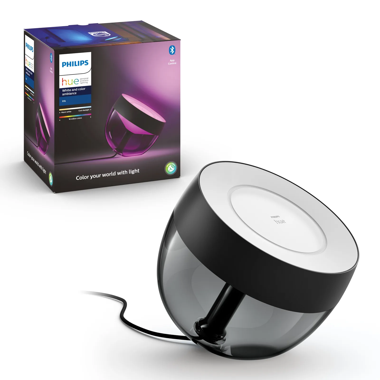 Lampe de table connectée Philips Hue Iris noire qui projette une lumière colorée