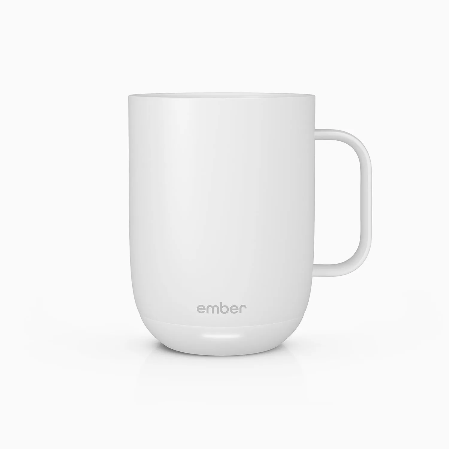 Mug Ember Mug 2 blanc de 414 ml vu de profil, logo ember gris sur fond blanc