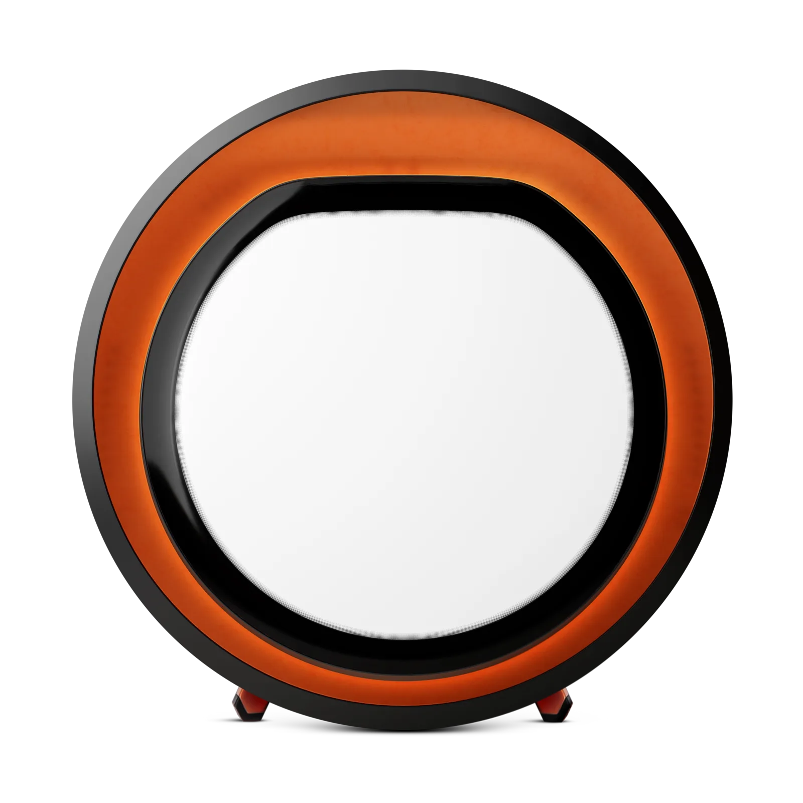 Lampe Lumie Halo vue de face, anneau noir au réflecteur cuivré autour d’un disque lumineux
