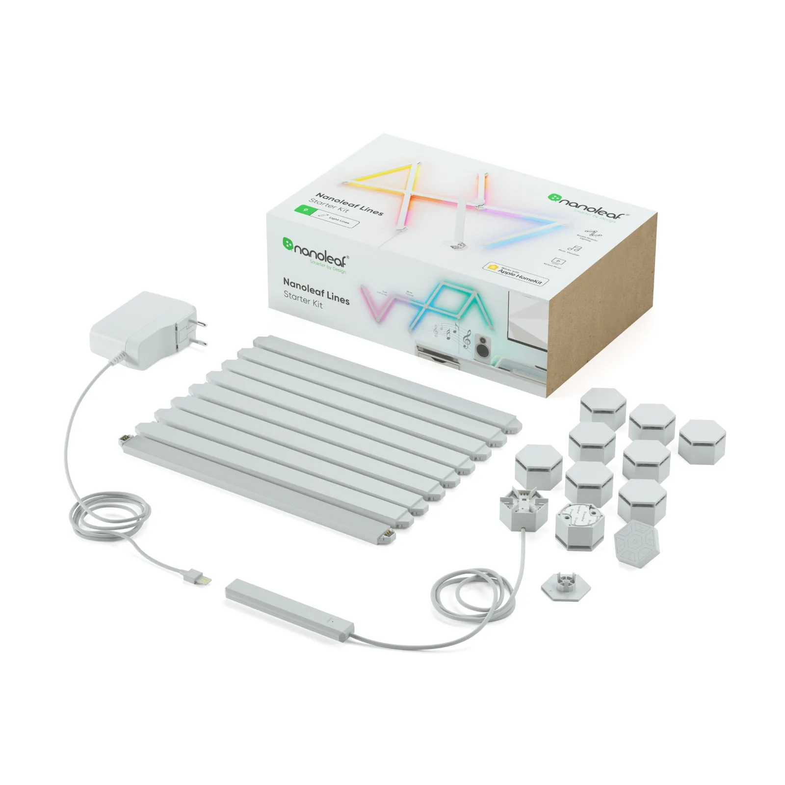 Kit Nanoleaf Lines 60° : neuf barres lumineuses LED fixées au mur en motif géométrique, avec un halo de couleur