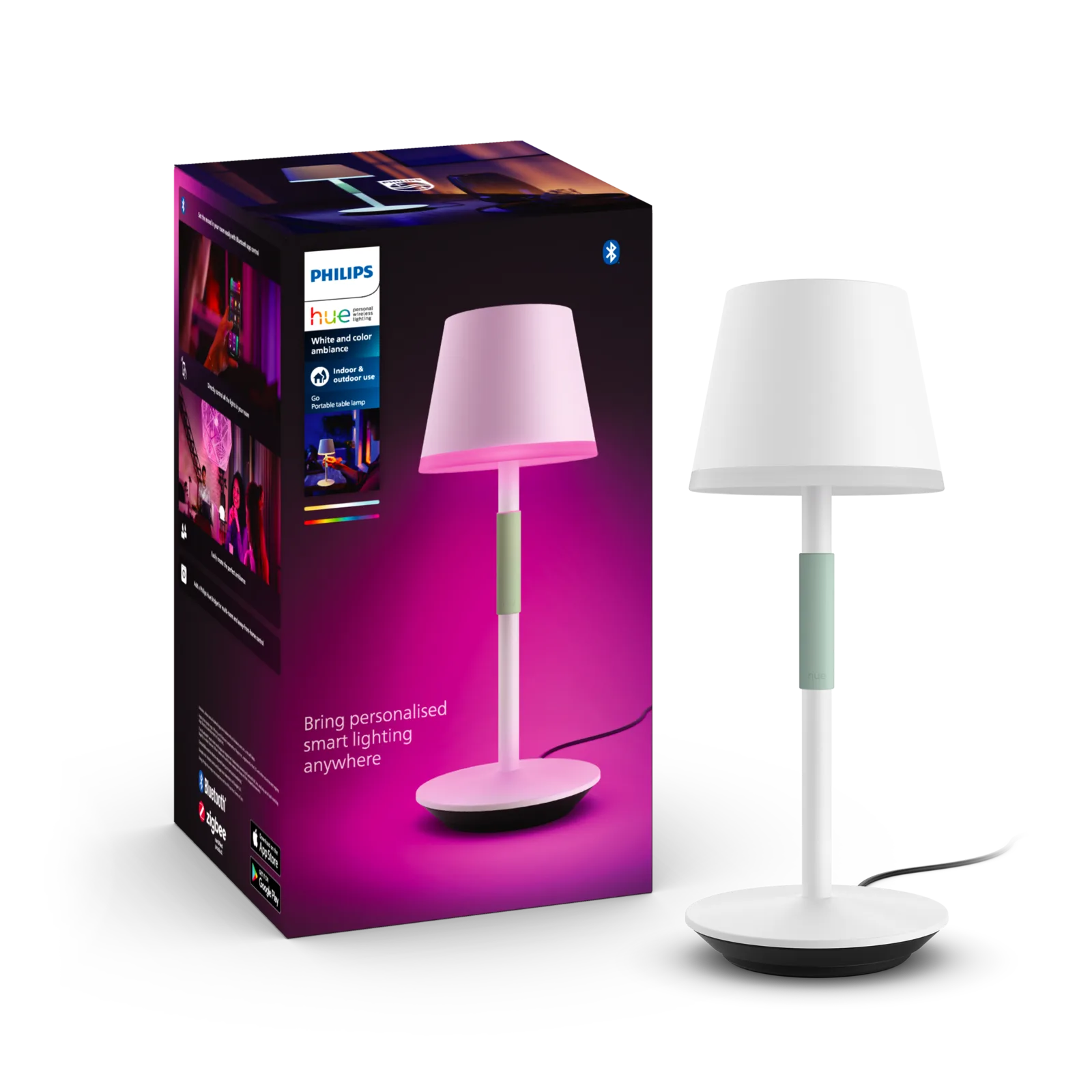 Lampe de table portable Philips Hue Go blanche avec poignée en silicone, posée dans un intérieur soigné — vue 2