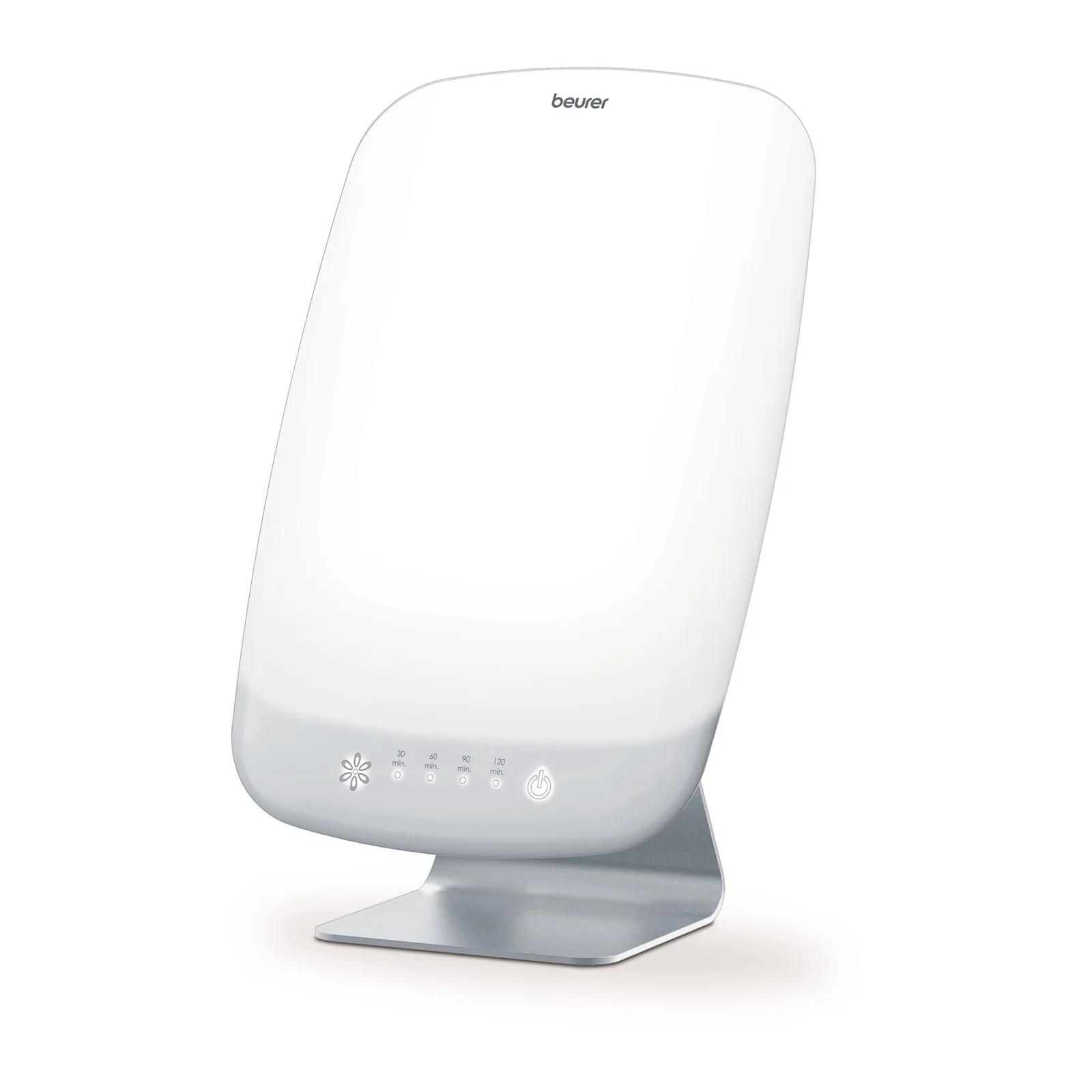 Lampe de luminothérapie Beurer TL 95 blanche allumée, sur son pied en aluminium