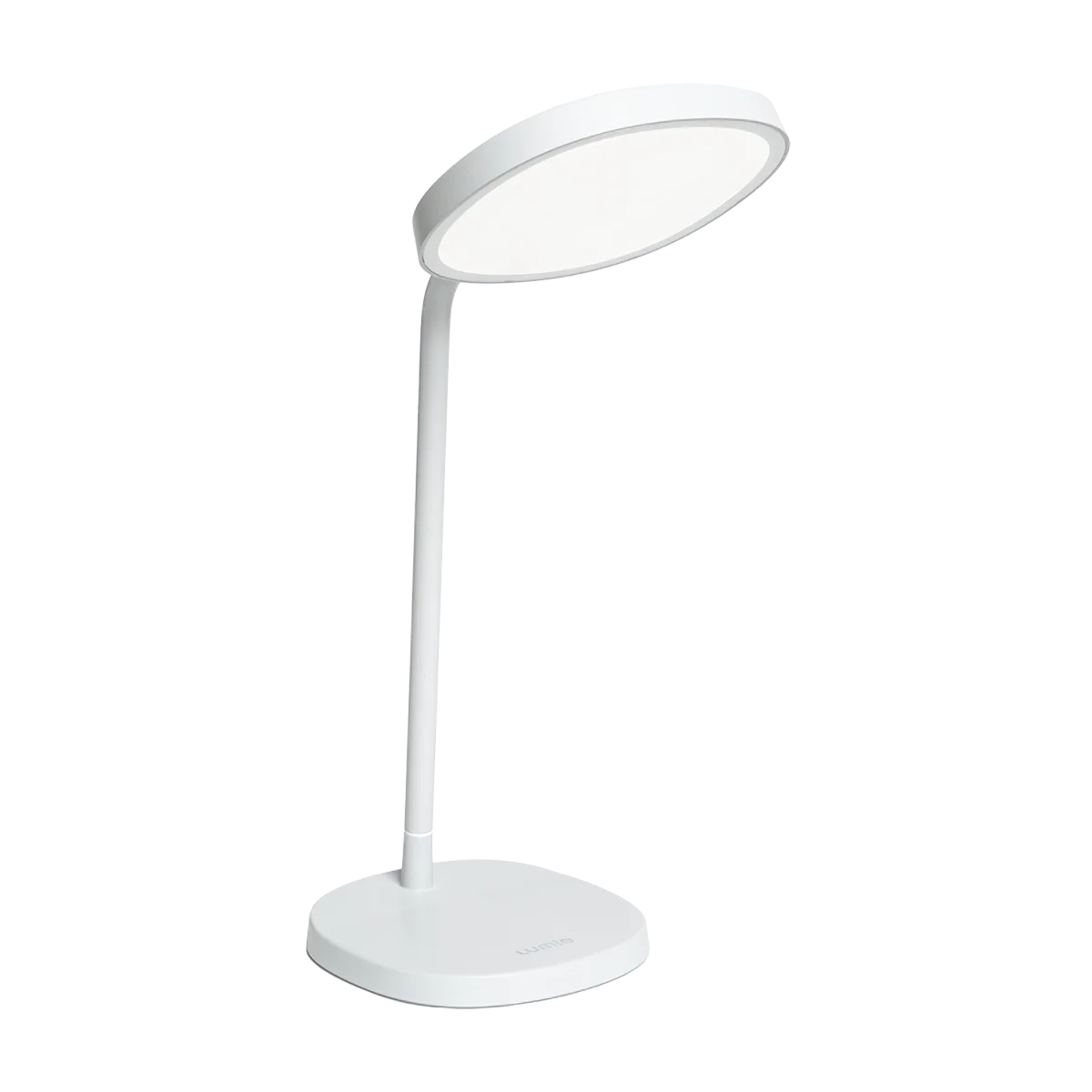 Lampe de bureau Lumie Task blanche, tête ronde inclinée sur un pied fin