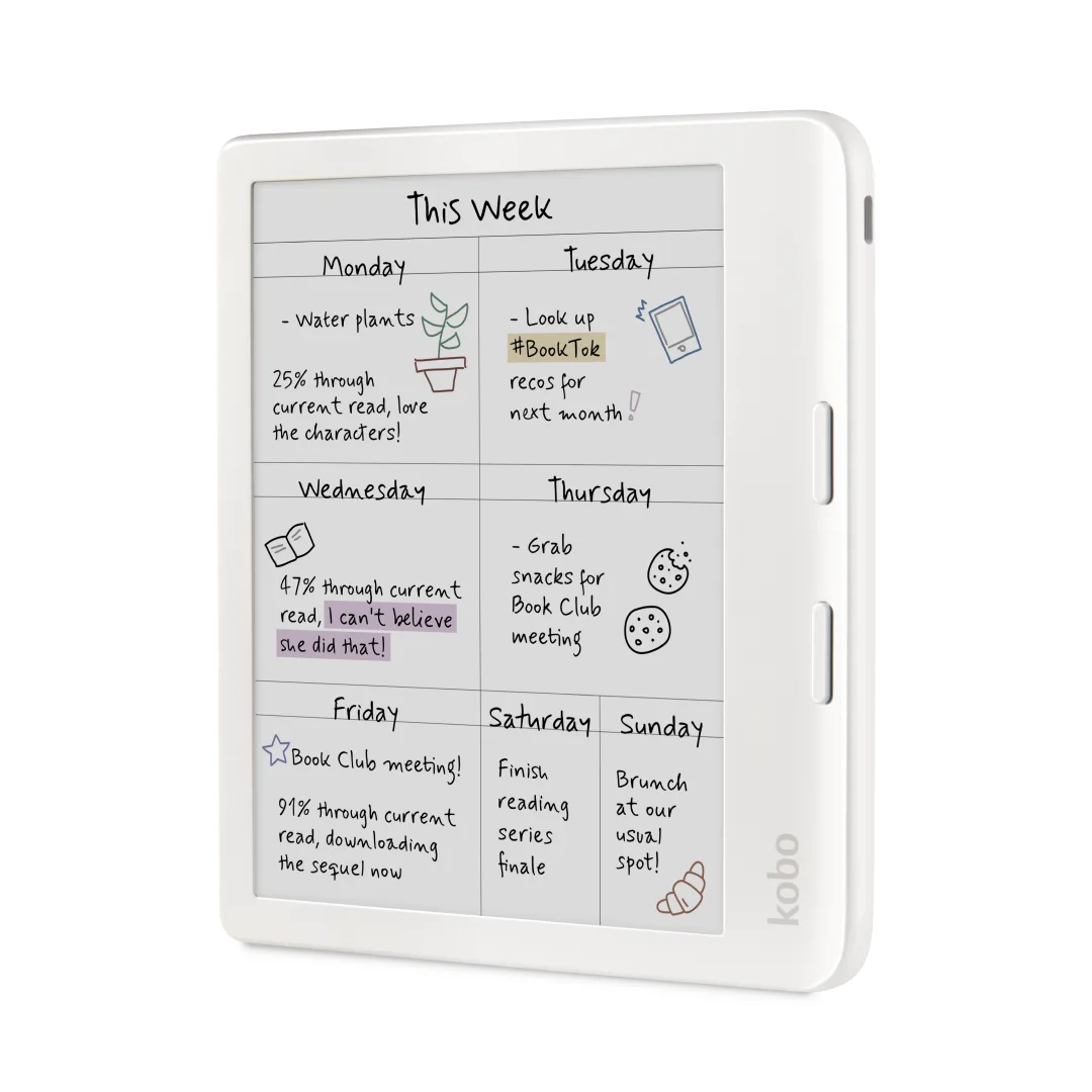 Liseuse Kobo Libra Colour blanche vue de face, texte surligné en couleur et deux boutons de page — vue 2