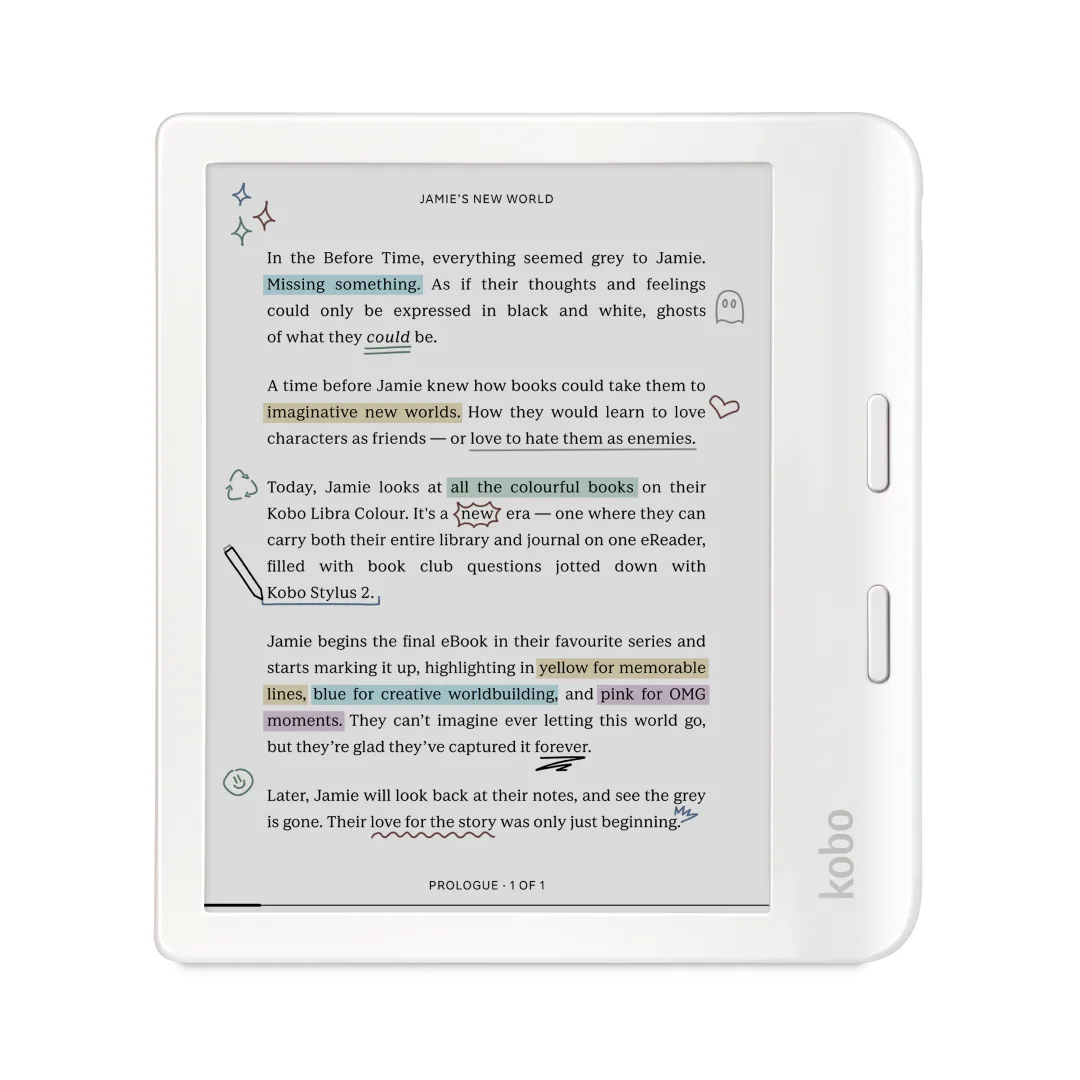 Liseuse Kobo Libra Colour blanche vue de face, texte surligné en couleur et deux boutons de page
