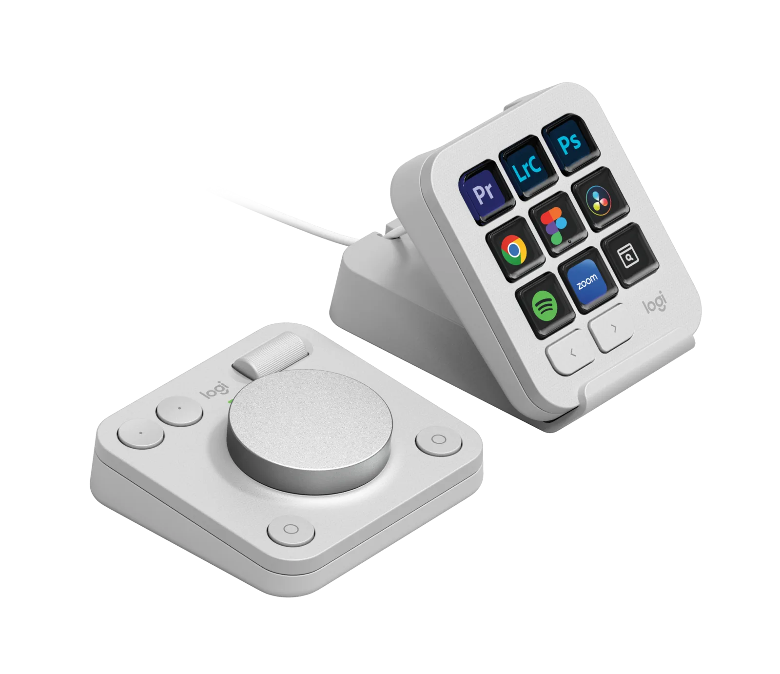 Logitech MX Creative Console gris clair : pavé à 9 touches LCD et dialpad à molette en aluminium