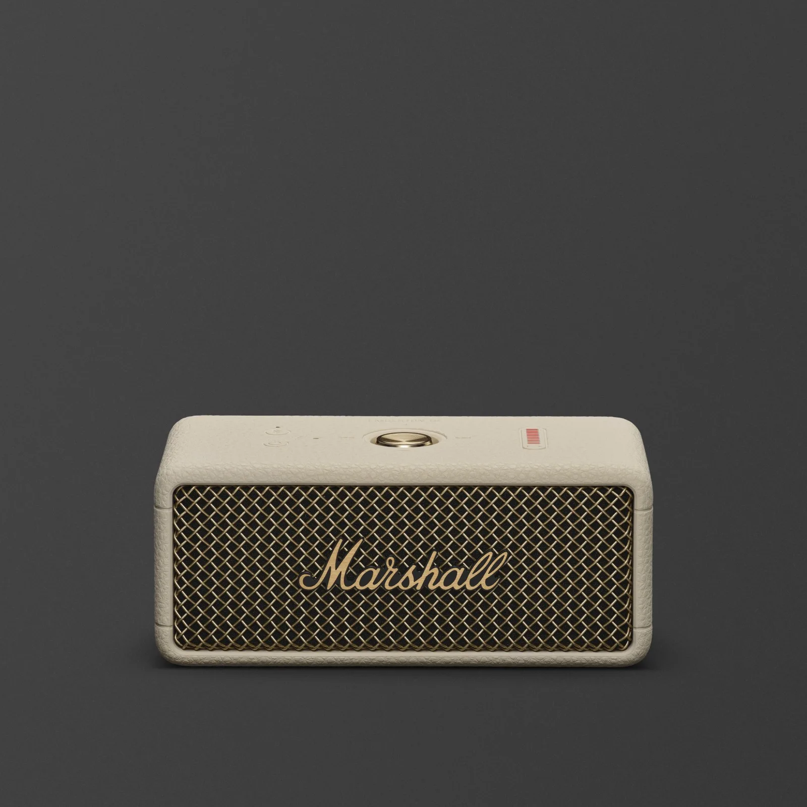 Enceinte Marshall Emberton III crème vue de face, grille dorée et logo Marshall