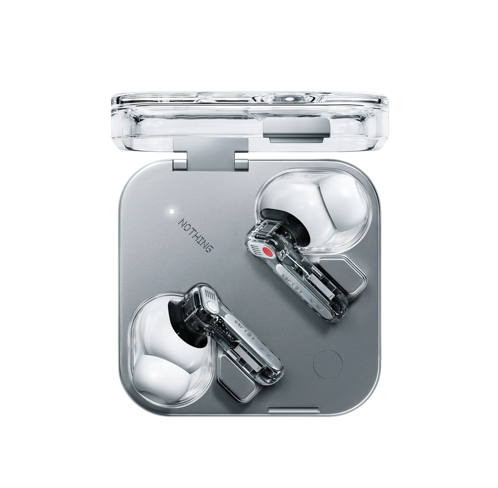 Écouteurs Nothing Ear (3) blancs à design transparent avec leur boîtier de charge en aluminium