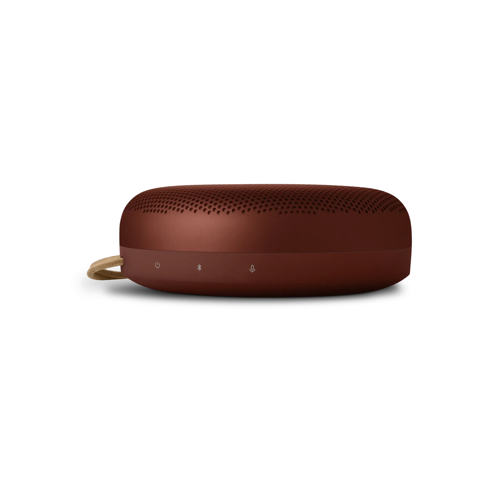 Enceinte Bang & Olufsen Beosound A1 3e génération rouge vue de dessus, avec sa sangle en cuir — vue 2