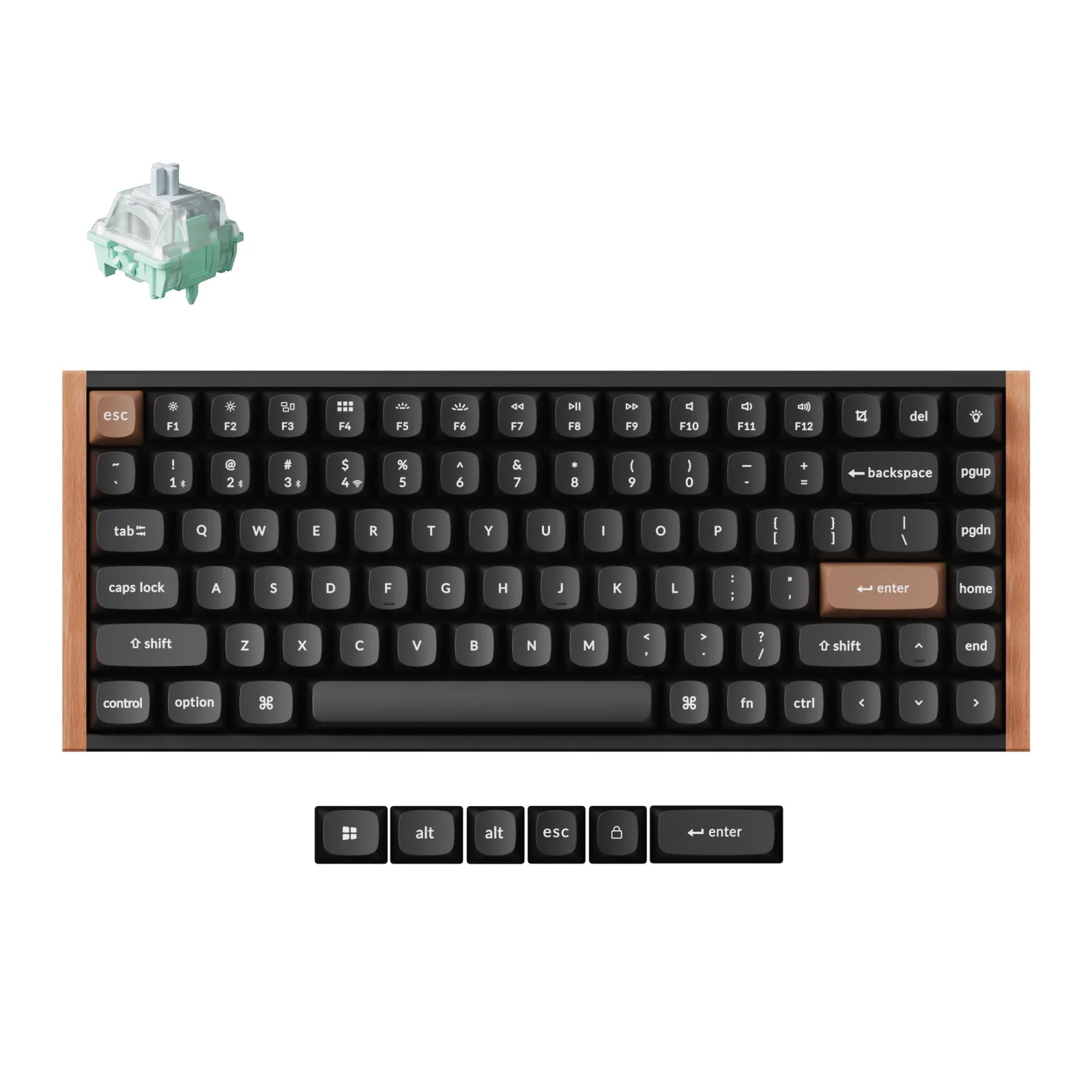 Clavier Keychron K2 HE Special Edition noir avec cadre en bois foncé, vu de dessus