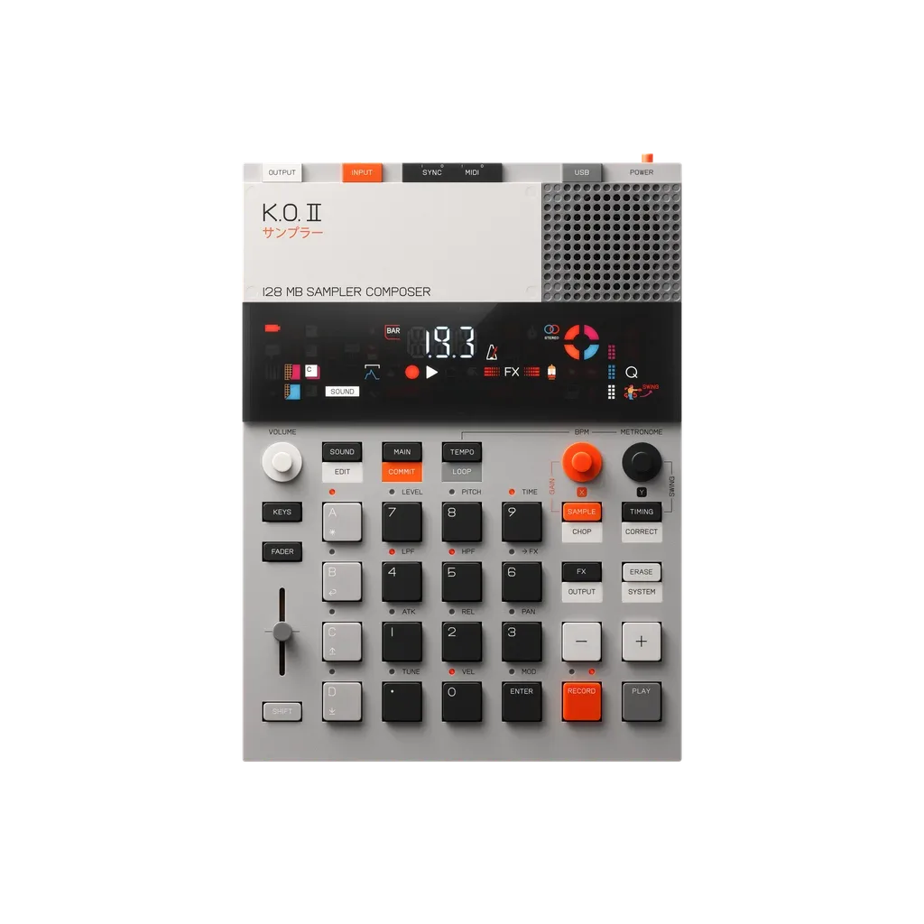 Sampler Teenage Engineering EP-133 K.O. II vu de dessus, avec ses touches et son écran
